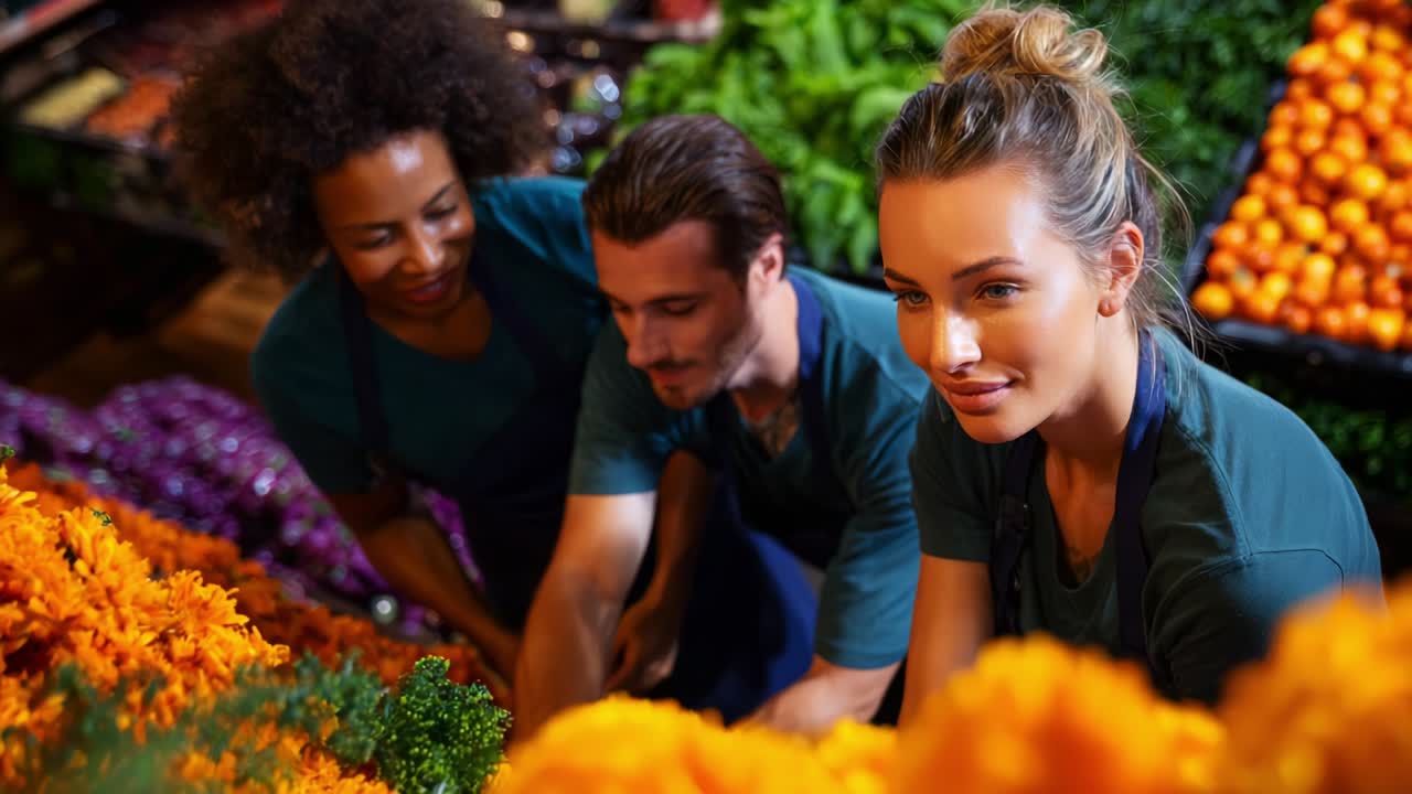 Un team eterogeneo di dipendenti di un negozio di alimentari entusiasti, impegnati nella selezione di fiori vivaci e prodotti freschi in un mercato ben fornito, che celebrano la gioia della collaborazione e di uno stile di vita sano