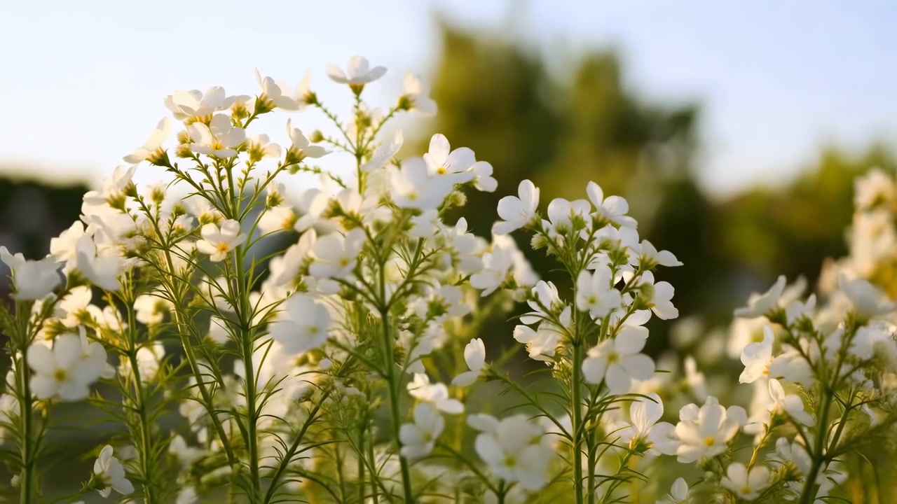 Grappoli di piccoli fiori bianchi si muovono leggermente tra sottili steli verdi mentre la calda luce solare colpisce i petali, con una profondità di campo ridotta che separa i fiori dettagliati dallo sfondo naturale e frondoso