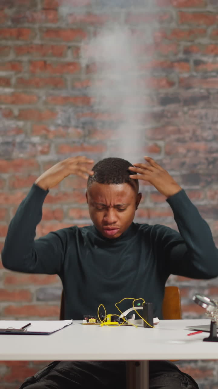 Emotional African-American man scientist with steam rising above head with boiled brains angry of failed experiment puts up hands at table with notebook