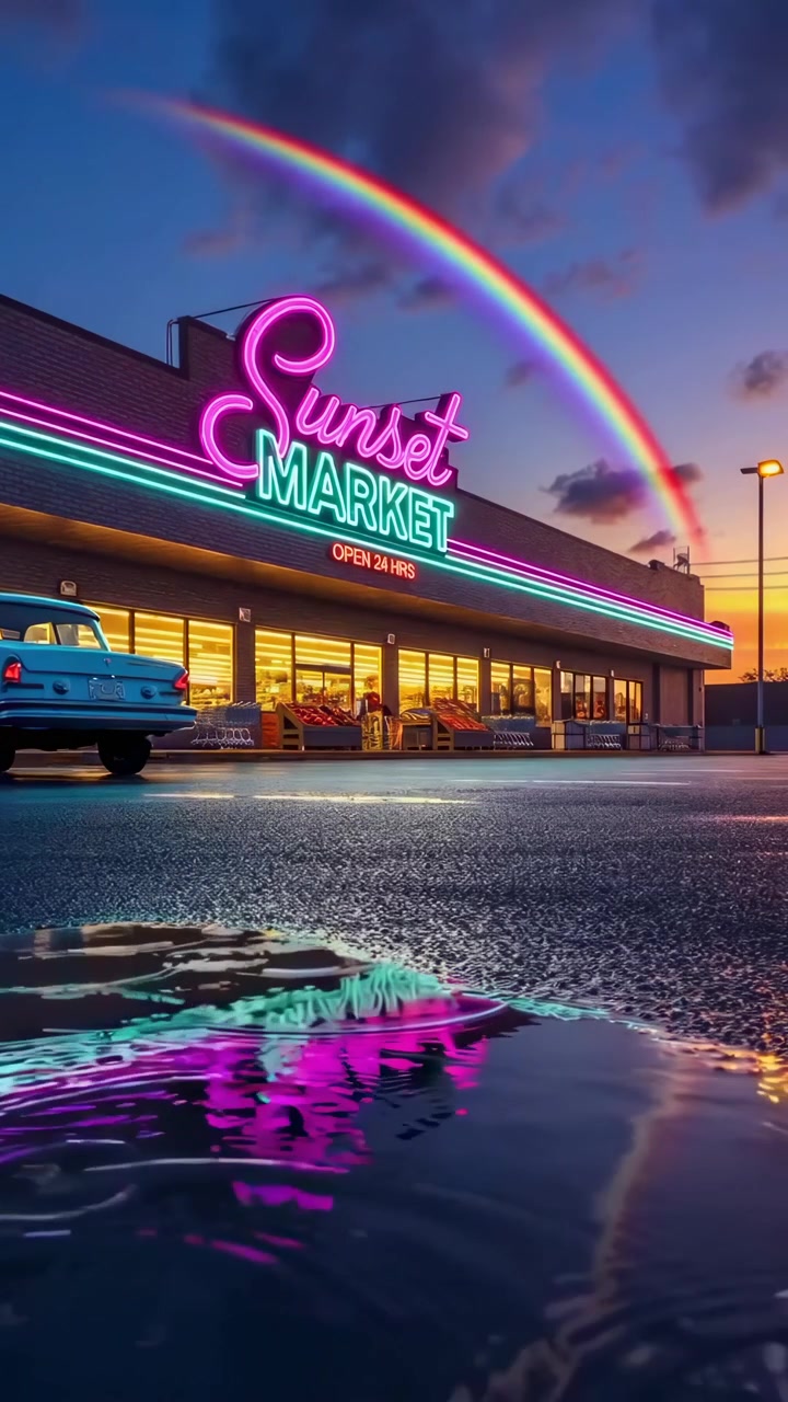 Vetrina di mercato al neon al tramonto con arcobaleno