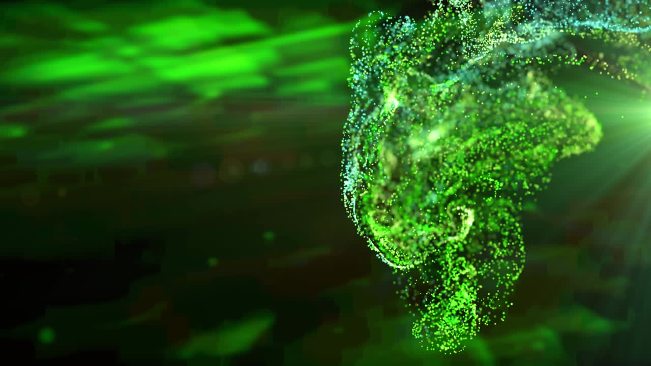animación de nube de partículas verdes y luz moviéndose sobre fondo negro