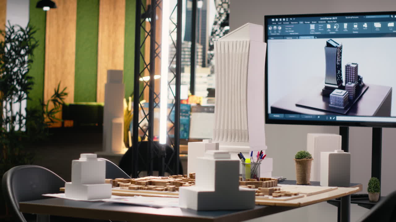Vertical Video Contemporary office interior set up for real estate brainstorming