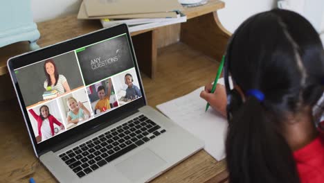 Schoolgirl-using-laptop-for-online-lesson-at-home,-with-diverse-teacher-and-class-on-screen