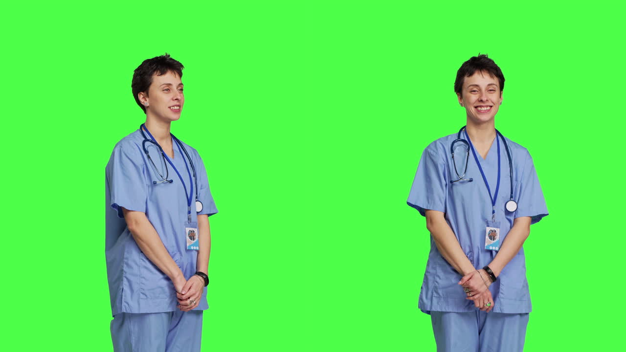 환자 들 을 미소 짓고 손 을 흔들며 환영 하는 즐거운 의료 보좌관