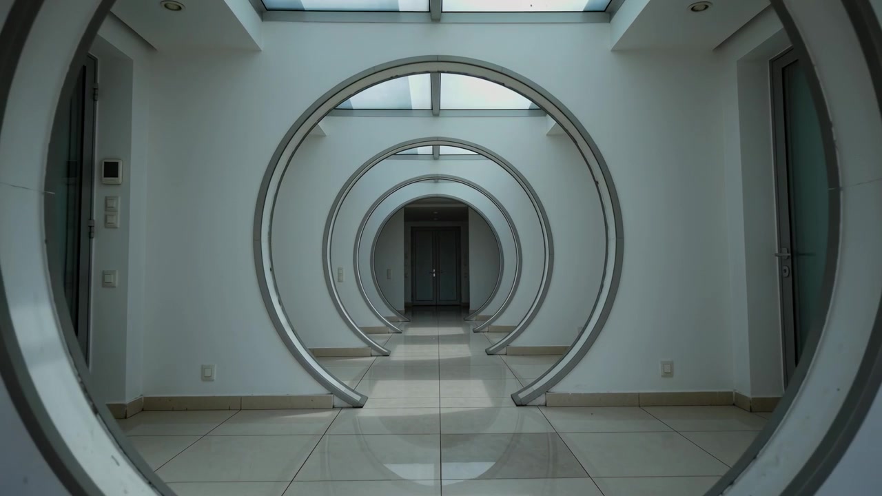 Moving camera revealing aligned metal arch frames in corridor, drawing eye toward closed doors