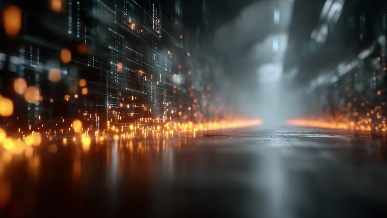 A Glimpse into a Futuristic Corridor: Glowing Particles and Digital Light Enhancing the Atmosphere of a High-Tech Environment in Motion