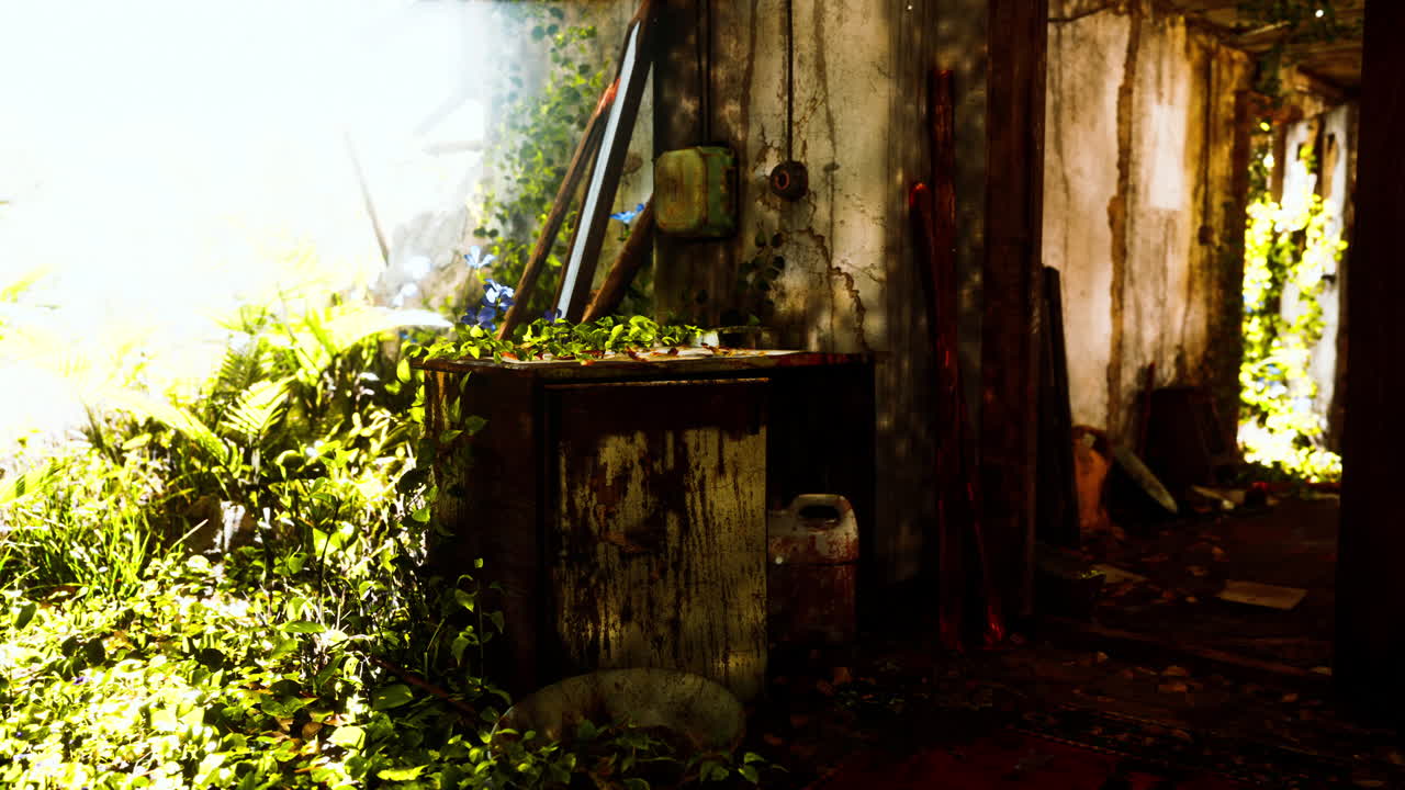 폐허가 된 버려진 식물로 뒤 ⁇ 인 내부