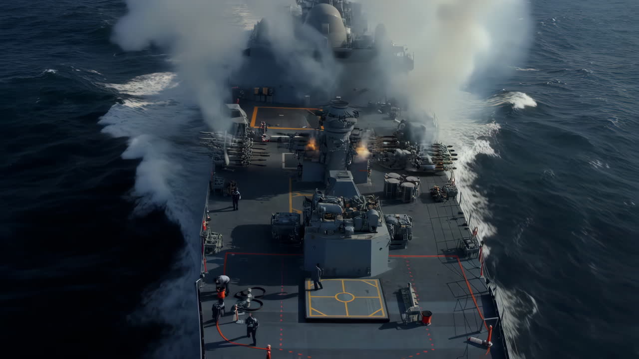 Naval Warship Firing Weapons at Sea