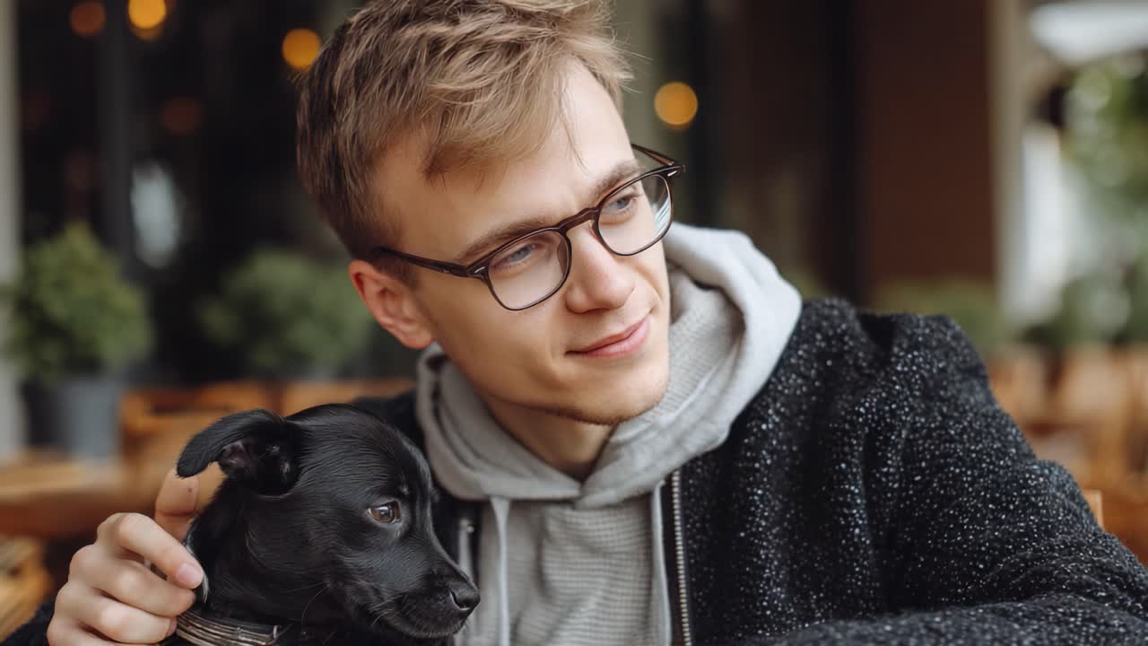 A Young Man Enjoys a Heartwarming Moment with His Dog in a Cozy Café Setting, Capturing Friendship and Connection Amidst a Relaxed Atmosphere
