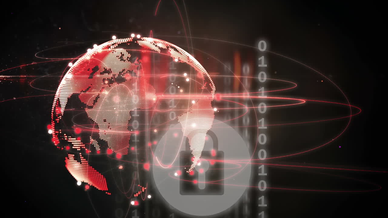 animación digital del icono del candado de seguridad sobre rastros de luz sobre el globo giratorio sobre fondo negro
