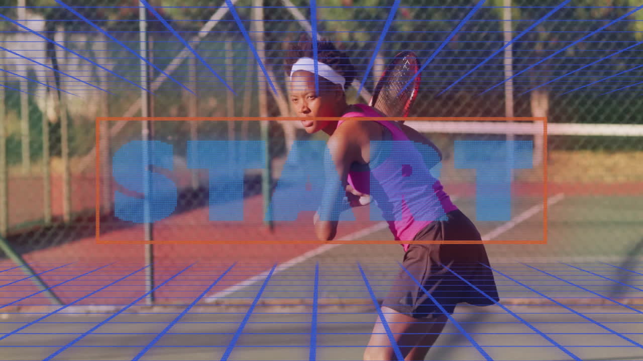 Playing tennis, athlete with START text and blue grid animation overlay