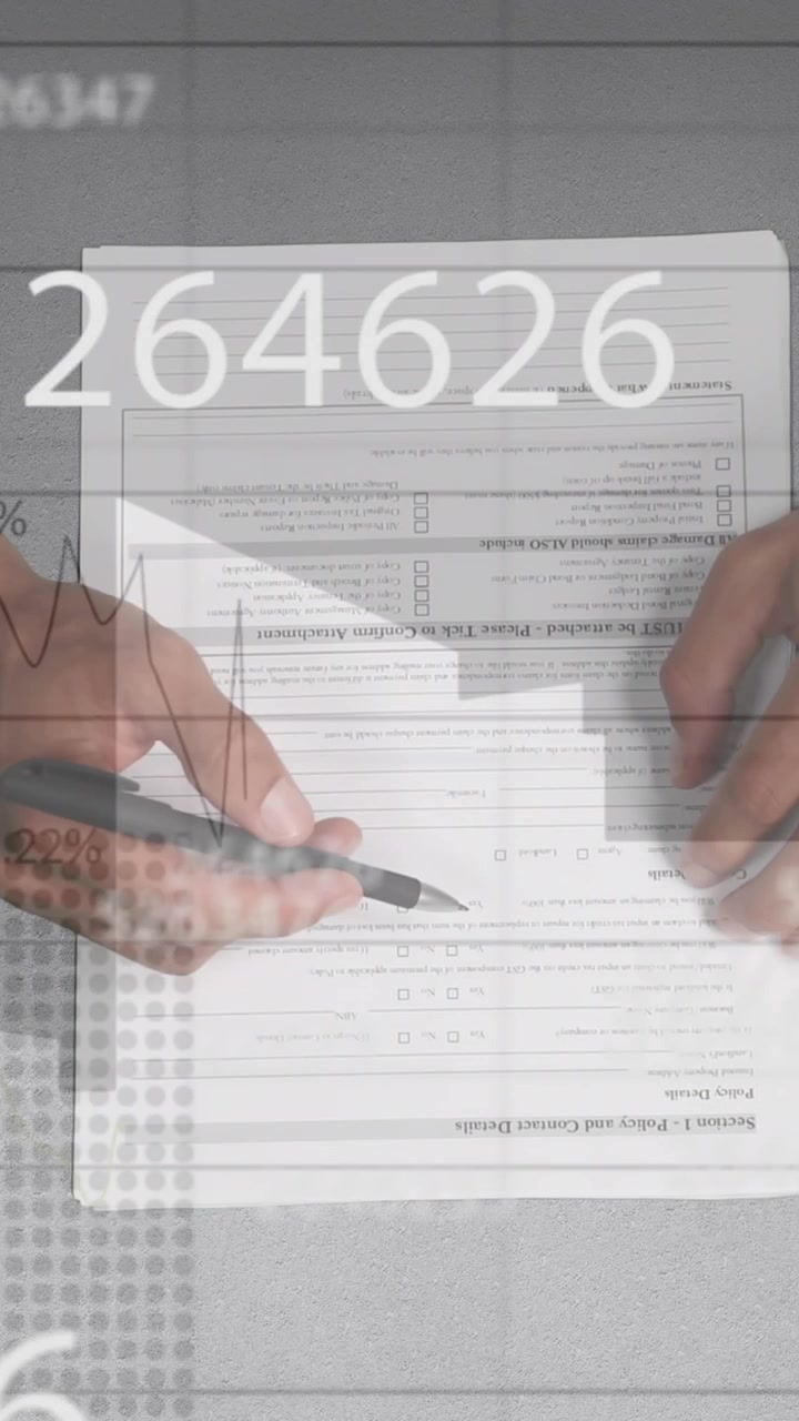 Animation of diverse financial data and graphs over hands of caucasian businessman writing
