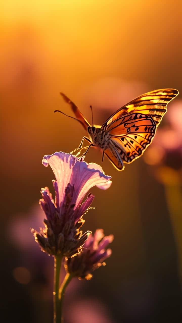 Farfalla su un fiore di lavanda all'ora dorata