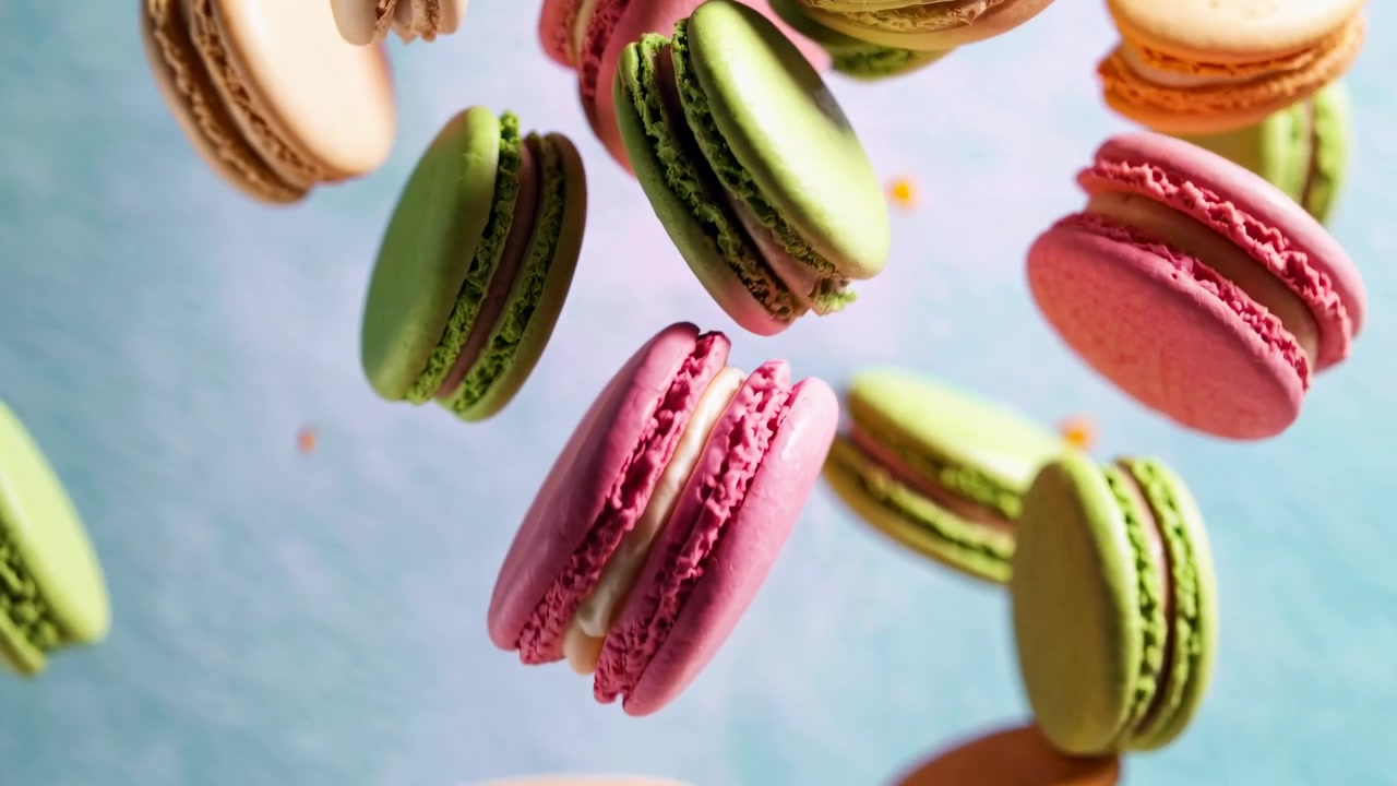 Colorful French Macarons Floating in Mid-Air