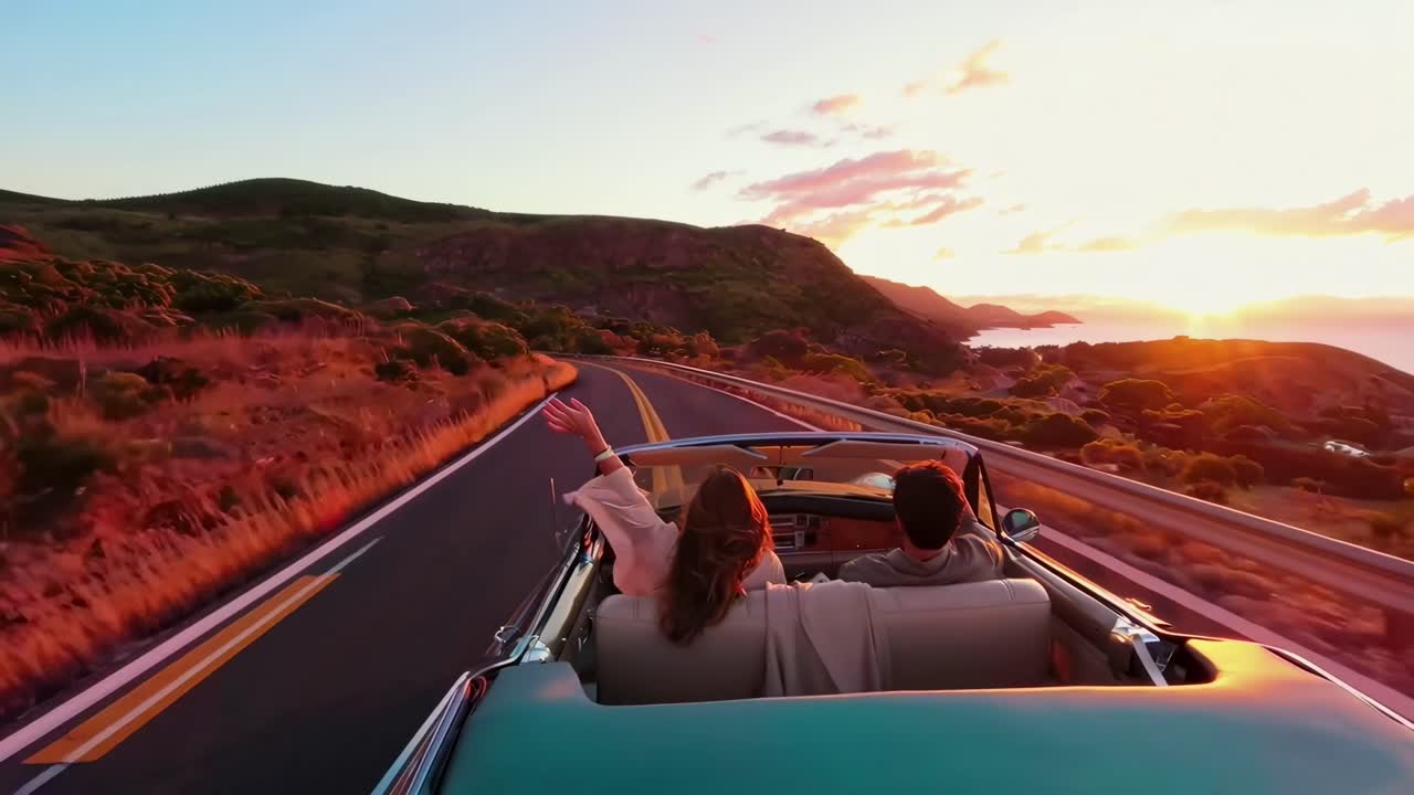 Video aereo di una coppia su un'auto decappottabile su una strada panoramica al tramonto, che cattura un viaggio gioioso