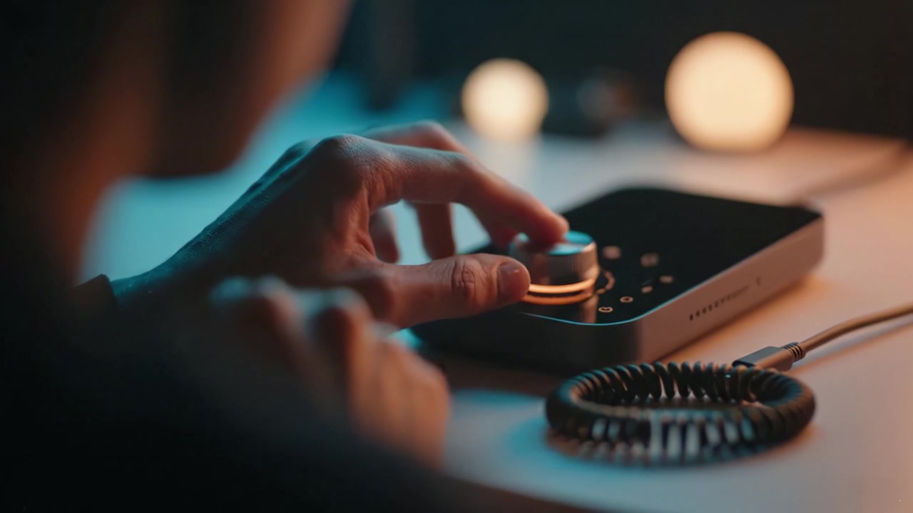 An individual adjusting a sleek audio interface, capturing a moment of focus and creativity in a dimly lit environment with soft glowing lights enhancing the ambiance.