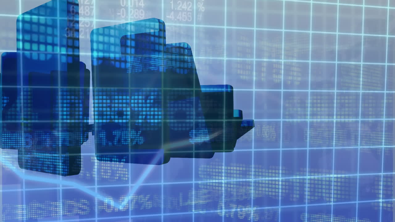 도미노가 앞면에 디지털 데이터 차트와 함께 떨어지는 애니메이션