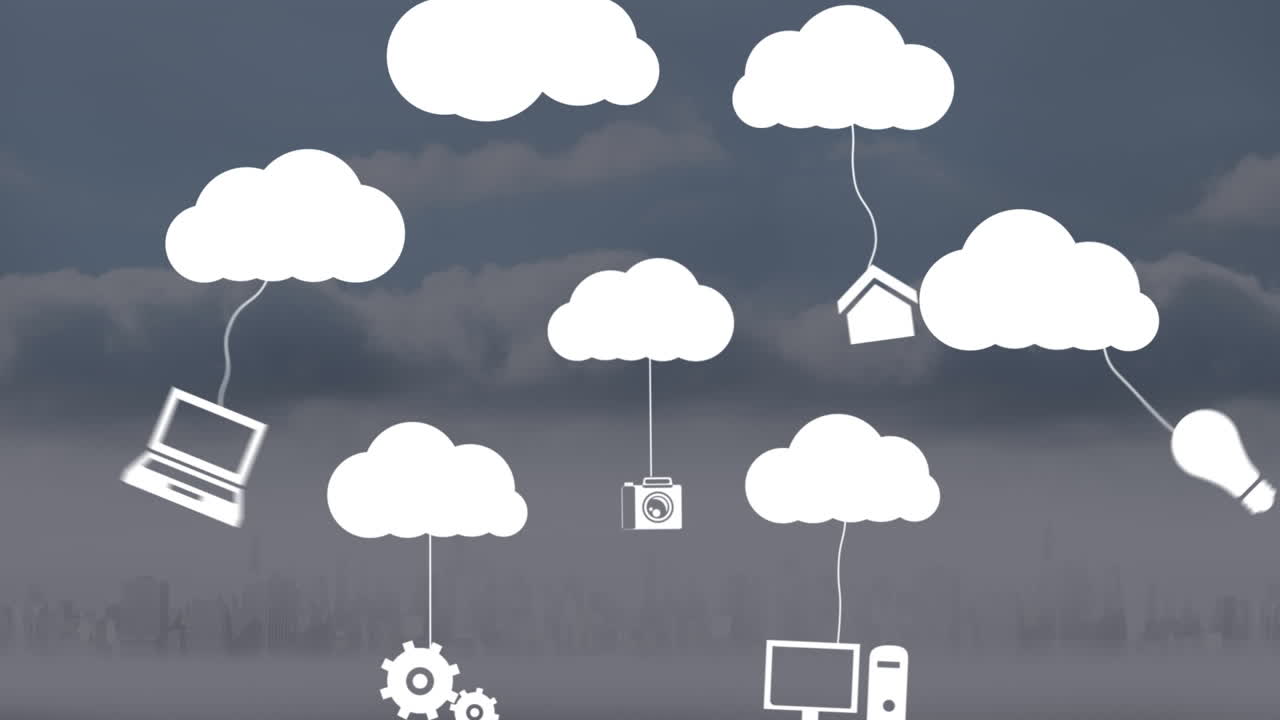 풍경 위에 아이콘을 가진 디지털 구름의 애니메이션