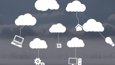 animación de nubes digitales con iconos sobre el paisaje
