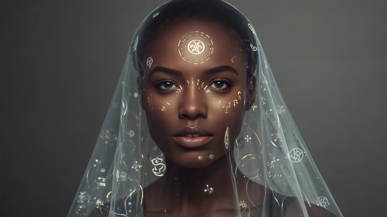 Sigilli luminosi che appaiono, artista donna che chiude gli occhi e poi li apre fissando lo sguardo in avanti con un velo in studio