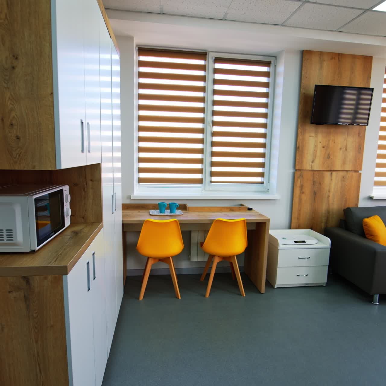 Modern appliances and beautiful furnishing in a ward for newly-made parents. Comfortable room in present-day maternity clinic