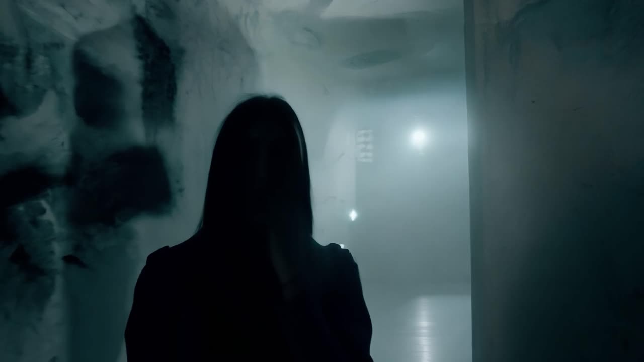 una donna mostra una paura crescente mentre affronta qualcosa di terrificante in una stanza buia, creando un'atmosfera tesa e sospesa