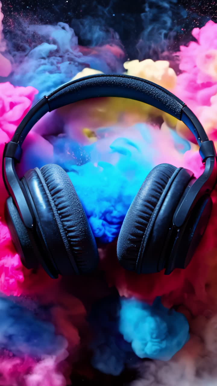 A pair of headphones is surrounded by a cloud of red, blue, and purple smoke. The headphones are positioned in the center of the image, with the smoke swirling around them. Scene is one of excitement