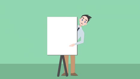 animación de un maestro masculino con un tablero vacío con espacio de copia en fondo verde.