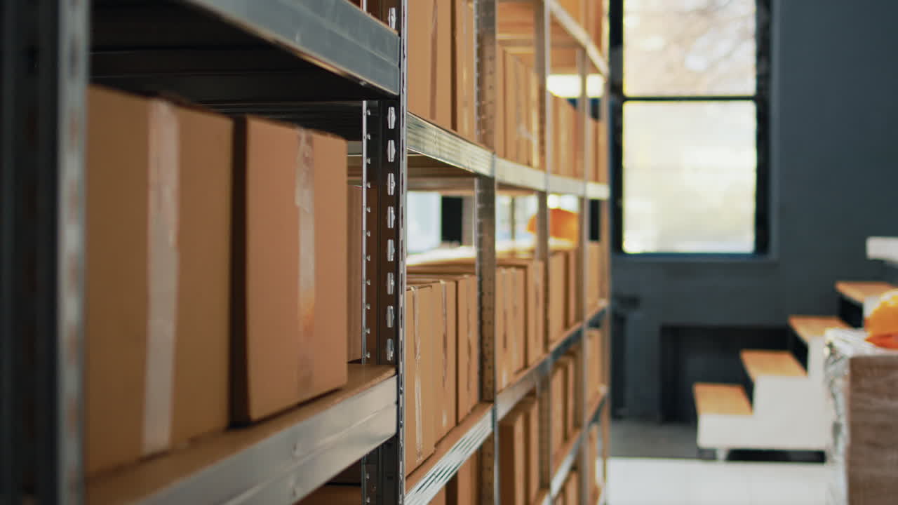 Warehouse Storage with Cardboard Boxes on Shelves