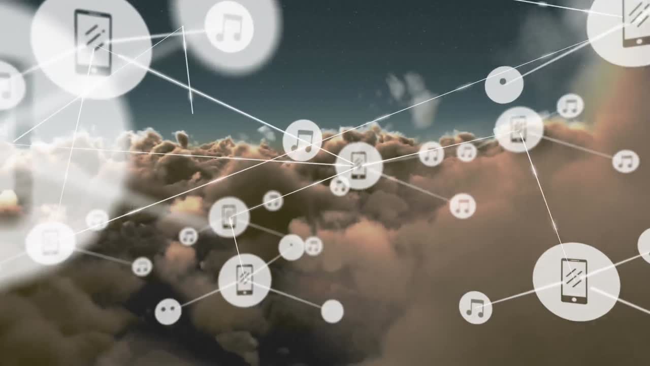 하늘 위의 아이콘으로 연결 네트워크의 애니메이션