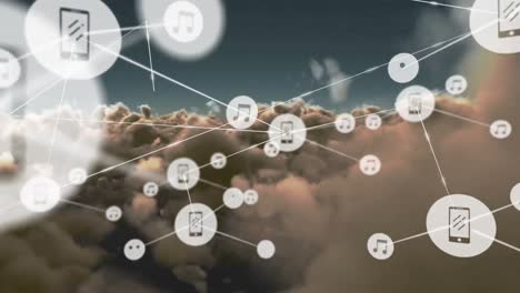 animación de la red de conexiones con iconos sobre el cielo