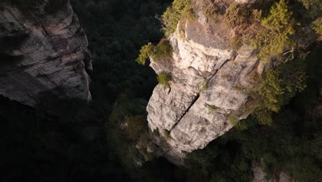 drone ascends revealing the sharp vertical drop of a sandstone cliff surrounded by dense forest in zhangjiajie national park
