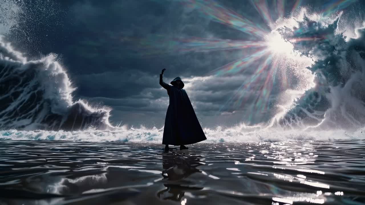 Dramatic video scene of a figure parting waves, captured from a low angle