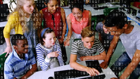 Students and teacher studying and using computer while numbers move