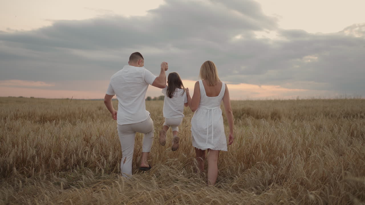 медленное движение: счастливая семья фермеров с ребенком гуляет по пшеничному полю. здоровая мать отец и маленькая дочь наслаждаются природой вместе на открытом воздухе.