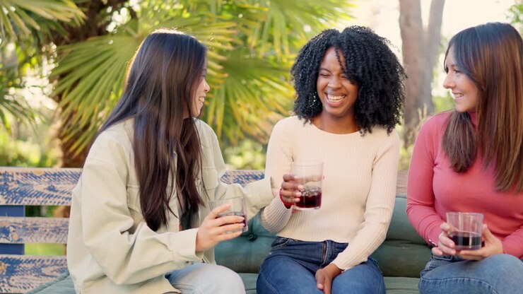 Multi-ethnic friends smiling and drinking in the garden