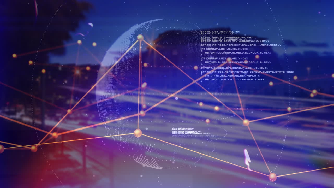 전 세계 네트워크 연결 및 데이터 처리 애니메이션 밤에 도시 풍경