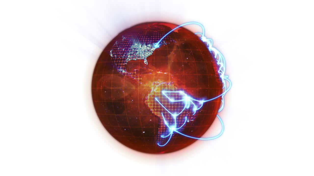 globo planetario naranja animado con conexiones azules