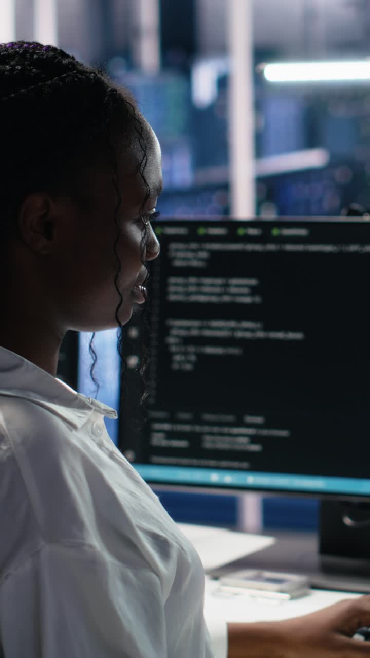 Vertical video Data center system administrator working on neural network tech