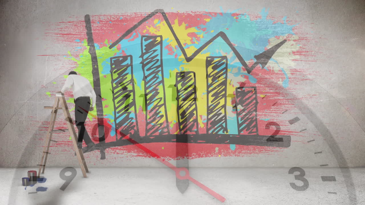 animación de estadísticas e iconos con un hombre de negocios en una escalera y un cronómetro