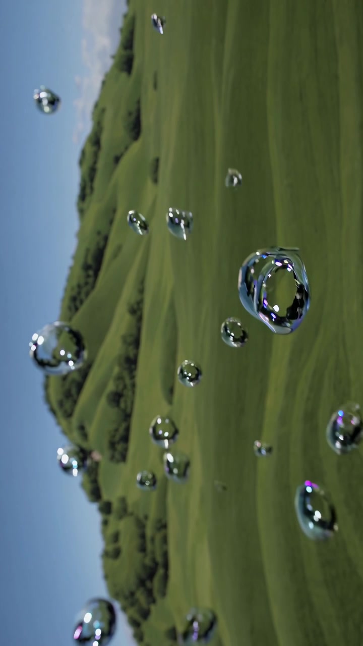 Floating Bubbles Over a Lush Green Hillside