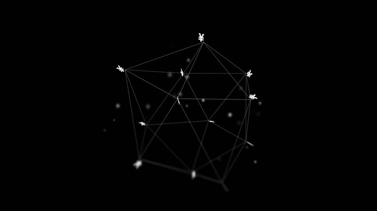 Animazione di connessioni con simboli di valuta ed elaborazione dati su sfondo nero