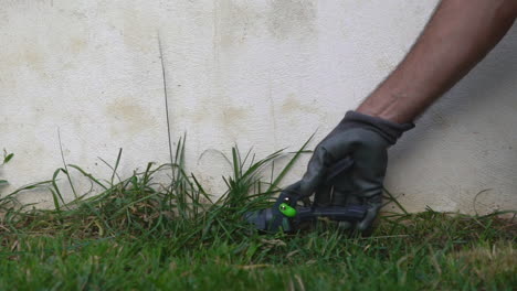 footage of caucasian male gardener, trimming grass with scissors pliers, white wall background 120fps, medium shot