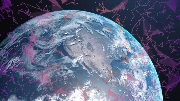 As sequence launching from earth view digital nodes drifting into mesh around earth for data flow