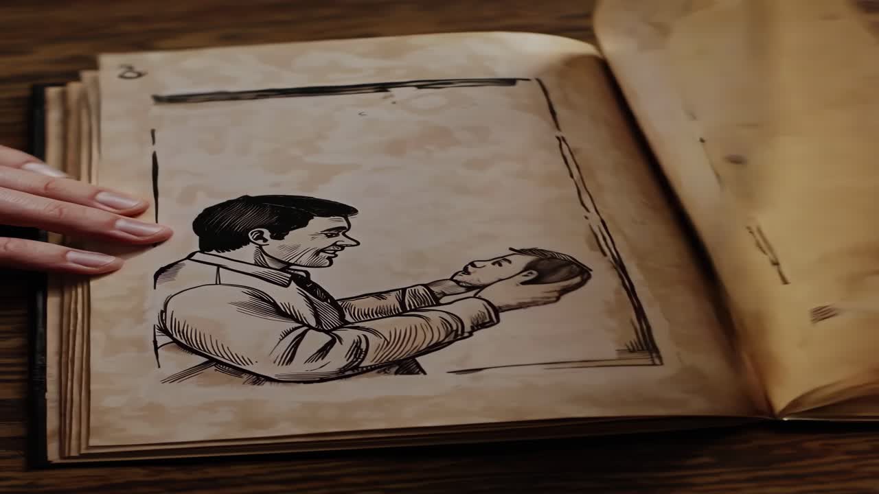 Hands flipping through pages of vintage flipbook showing evolving sketch of a man, creating animation effect and suggesting the passage of time and storytelling