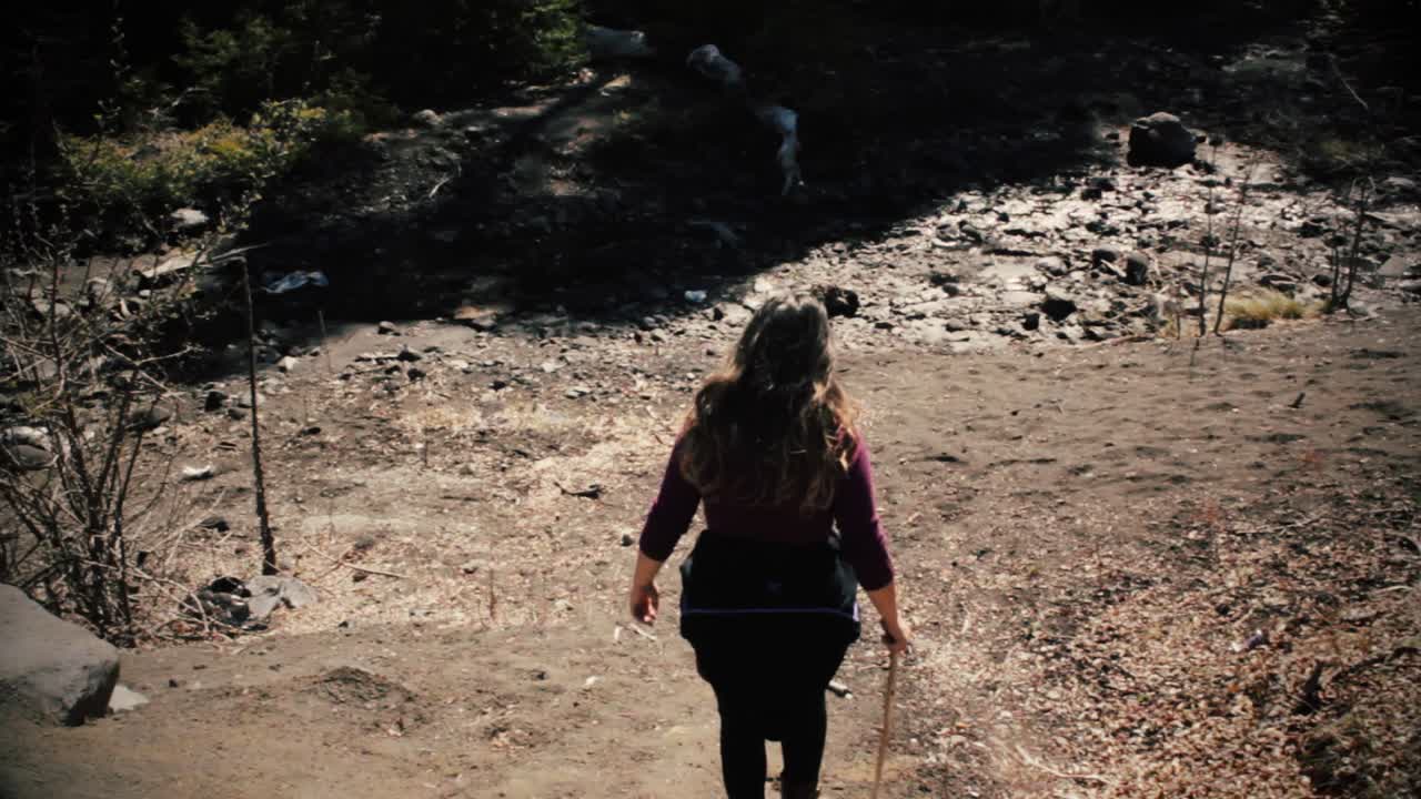 mujer caminando a la montaña con su perro