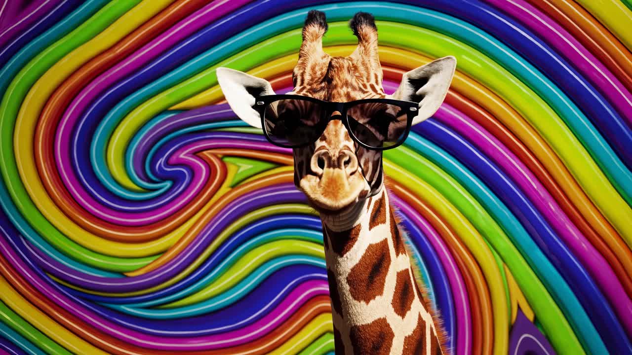 jirafa con gafas de sol en un fondo arco iris