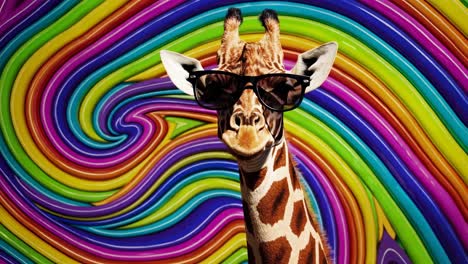 giraffe wearing sunglasses on a rainbow background