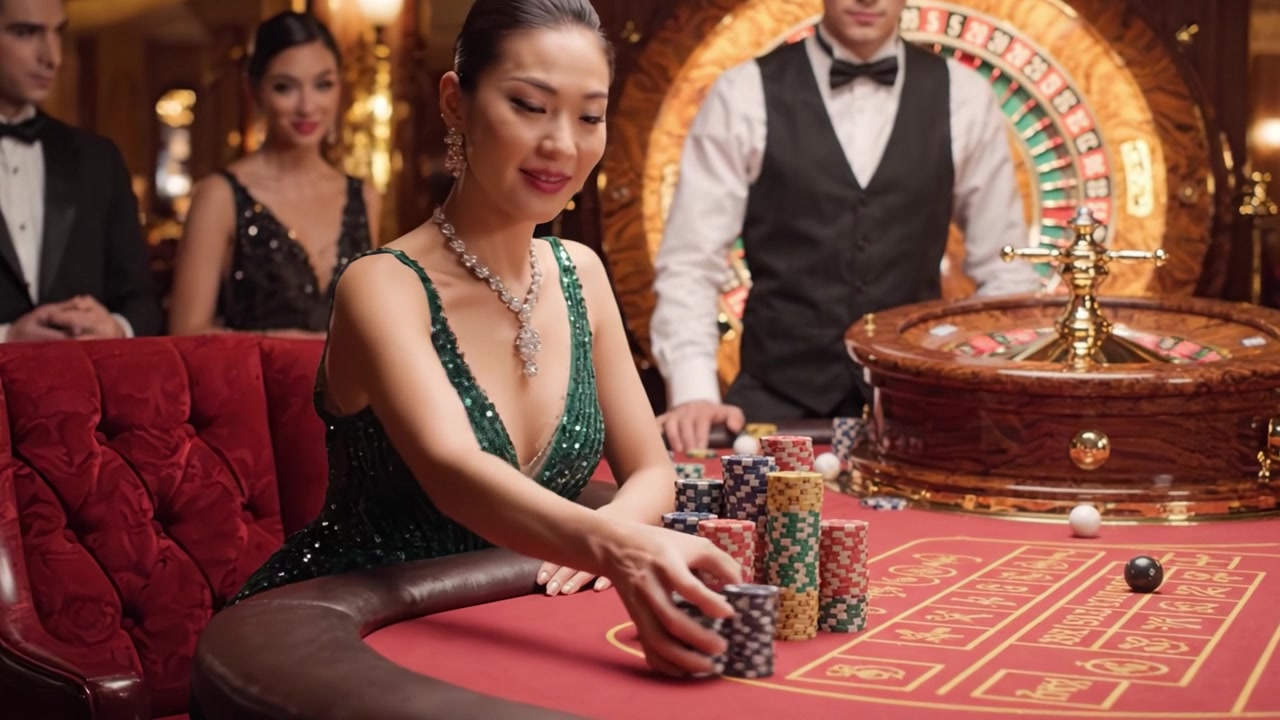 精緻賭場體驗：輪盤賭桌上的優雅與刺激，魅力四射的女士置身於奢華熱鬧的氛圍中
