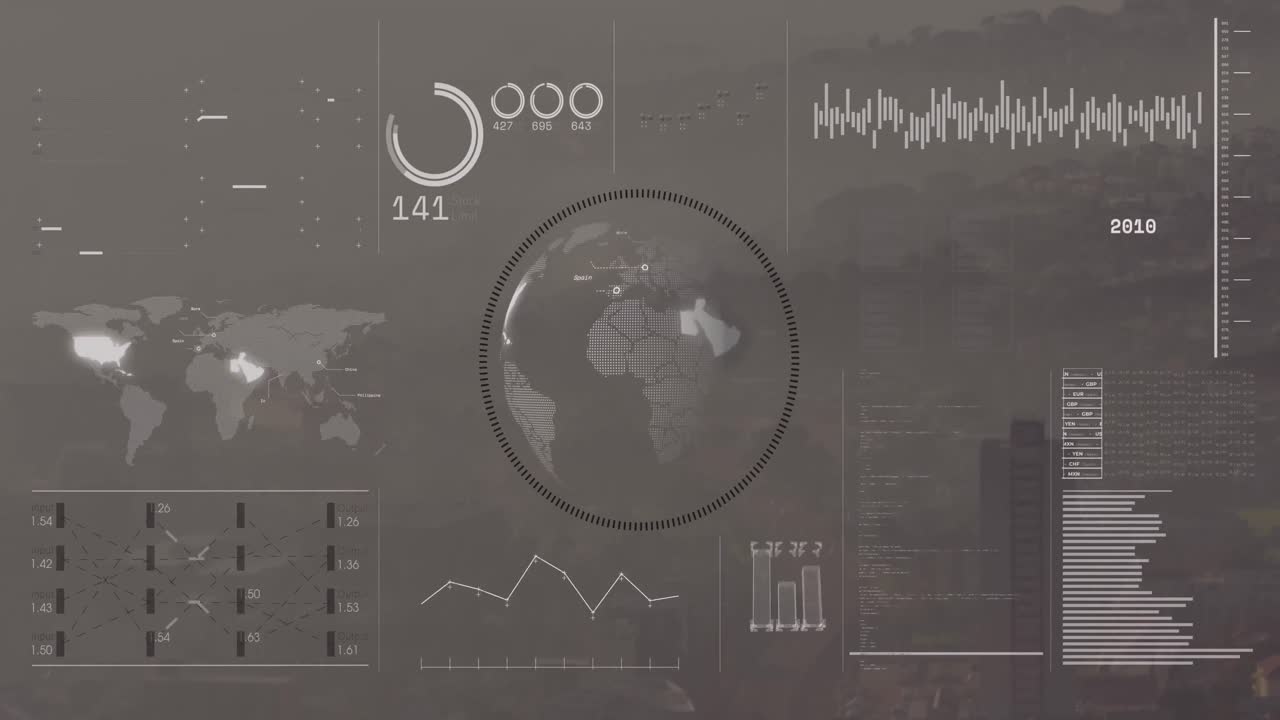 animación de la interfaz con el procesamiento de datos sobre un globo giratorio frente a una vista aérea del paisaje urbano
